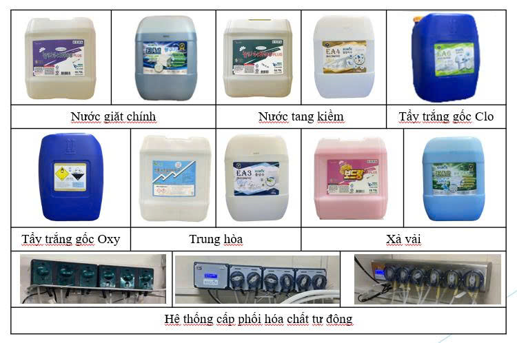Hóa chất giặt là chuyên dụng và hệ thống thiết bị phân phối hóa chất tự động